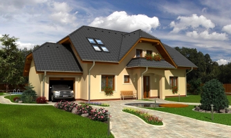 Larger house with basement, garage and half-hip roof.